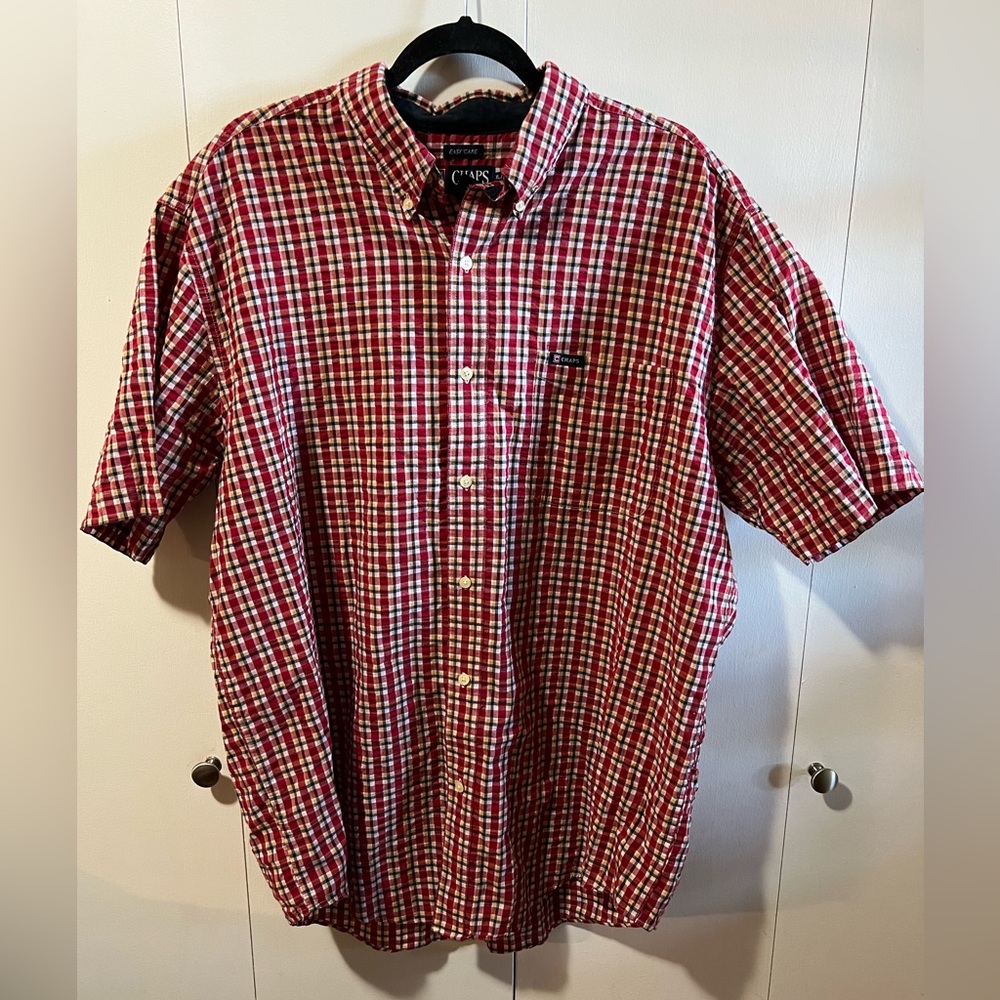 Ralph Lauren, chaps red plaid men’s button-down shirt.
